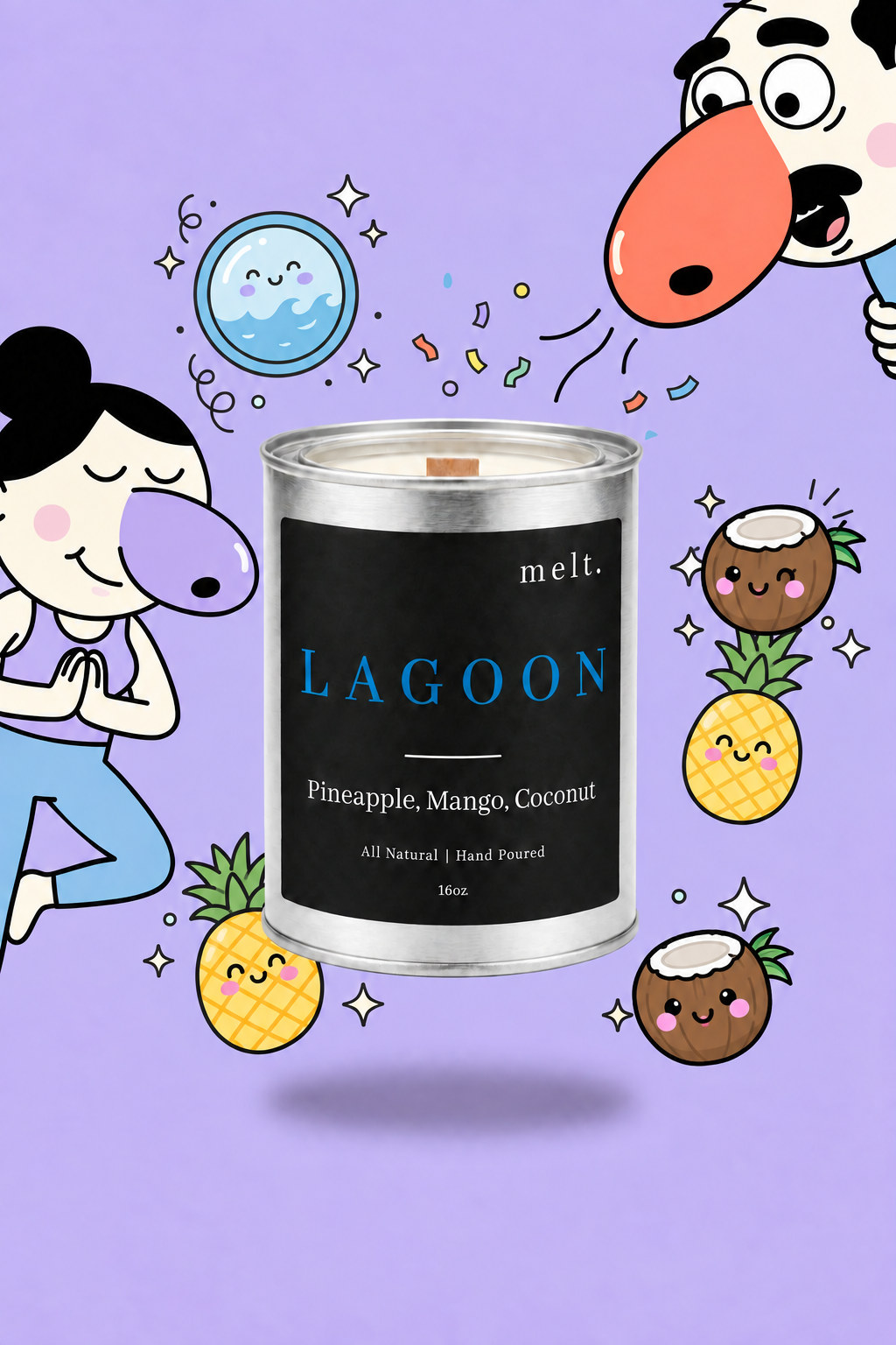 melt. lagoon candle surrounded by cartoon melt. mascots and scent-note illustrations on a colorful background