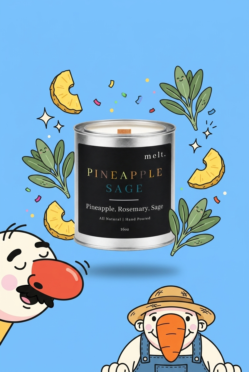melt. pineapple sage candle surrounded by cartoon melt. mascots and scent-note illustrations on a colorful background