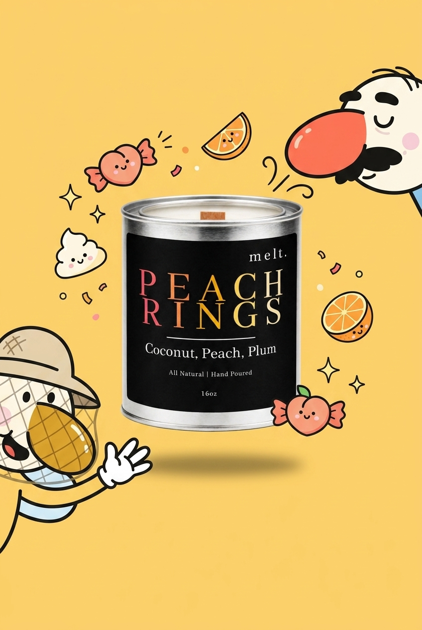 melt. peach rings candle surrounded by cartoon melt. mascots and scent-note illustrations on a colorful background