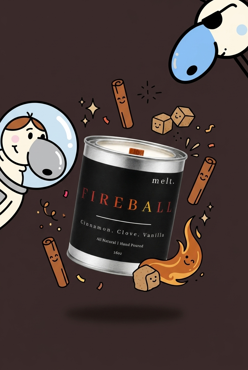melt. fireball candle surrounded by cartoon melt. mascots and scent-note illustrations on a colorful background