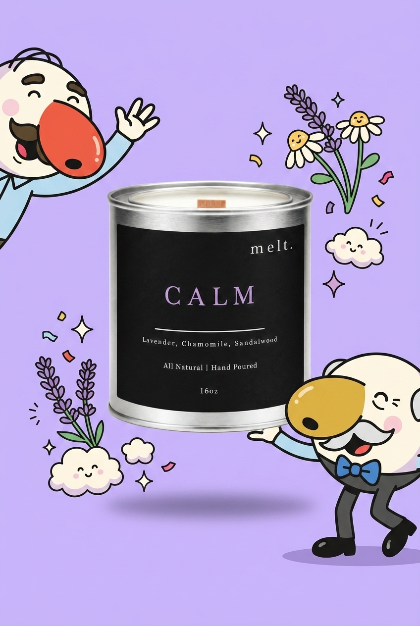 melt. calm candle surrounded by cartoon melt. mascots and scent-note illustrations on a colorful background