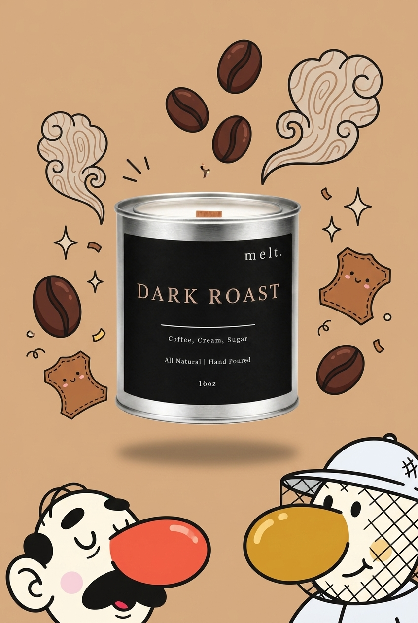 melt. dark roast candle surrounded by cartoon melt. mascots and scent-note illustrations on a colorful background