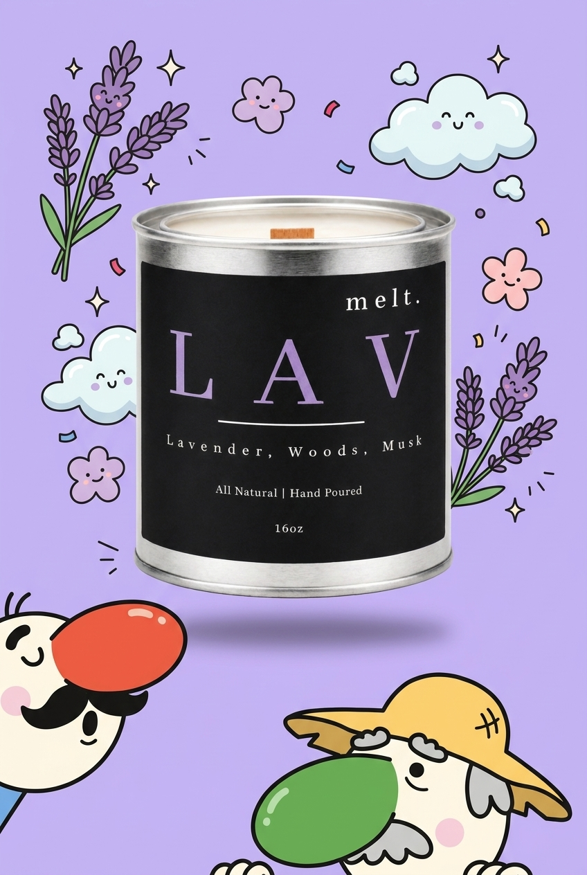 melt. lav candle surrounded by cartoon melt. mascots and scent-note illustrations on a colorful background