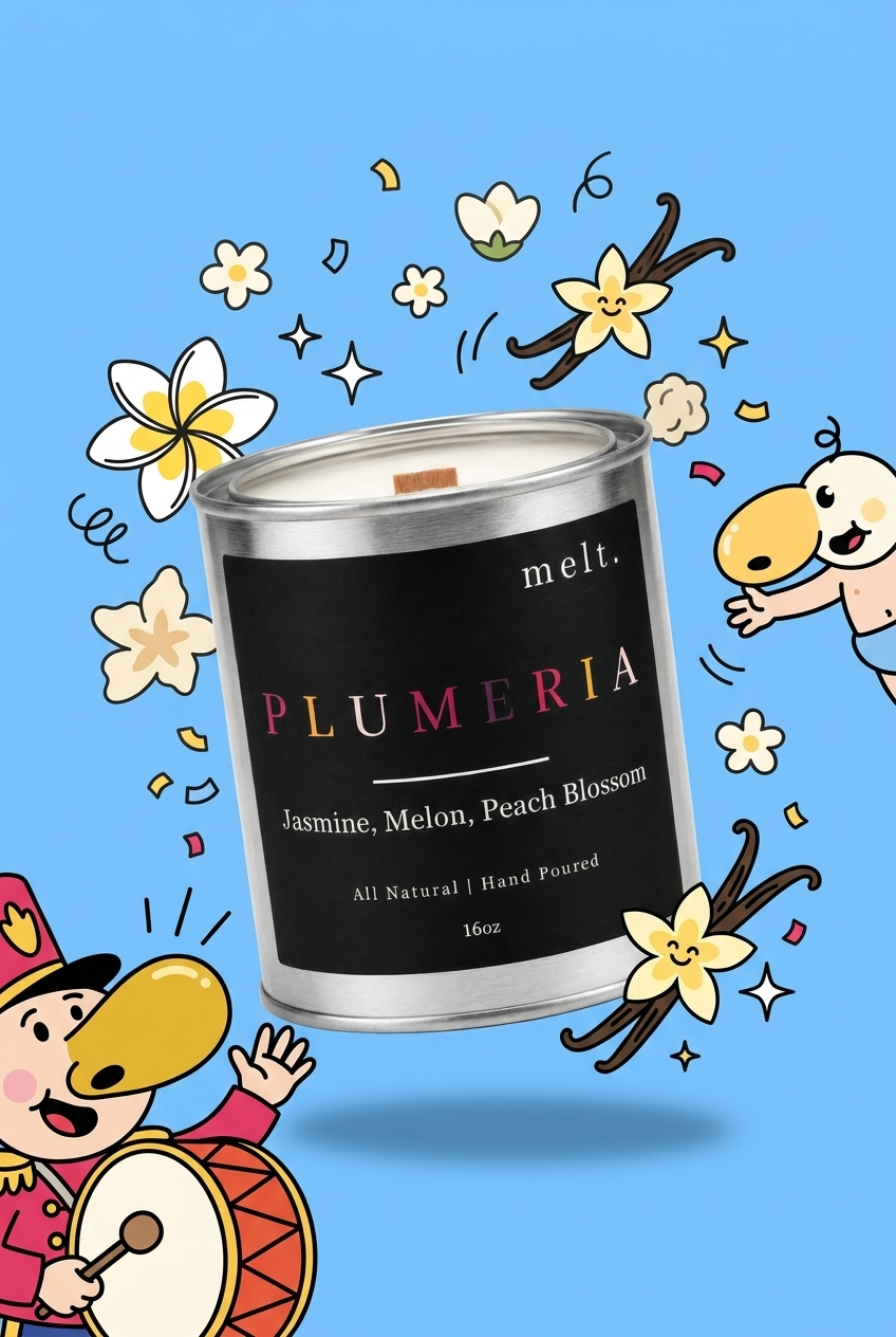 melt. plumeria candle surrounded by cartoon melt. mascots and scent-note illustrations on a colorful background