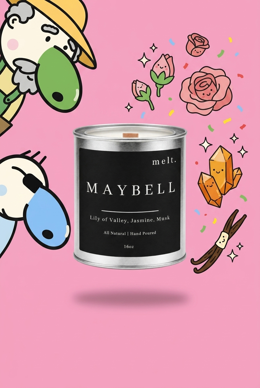 melt. maybell candle surrounded by cartoon melt. mascots and scent-note illustrations on a colorful background