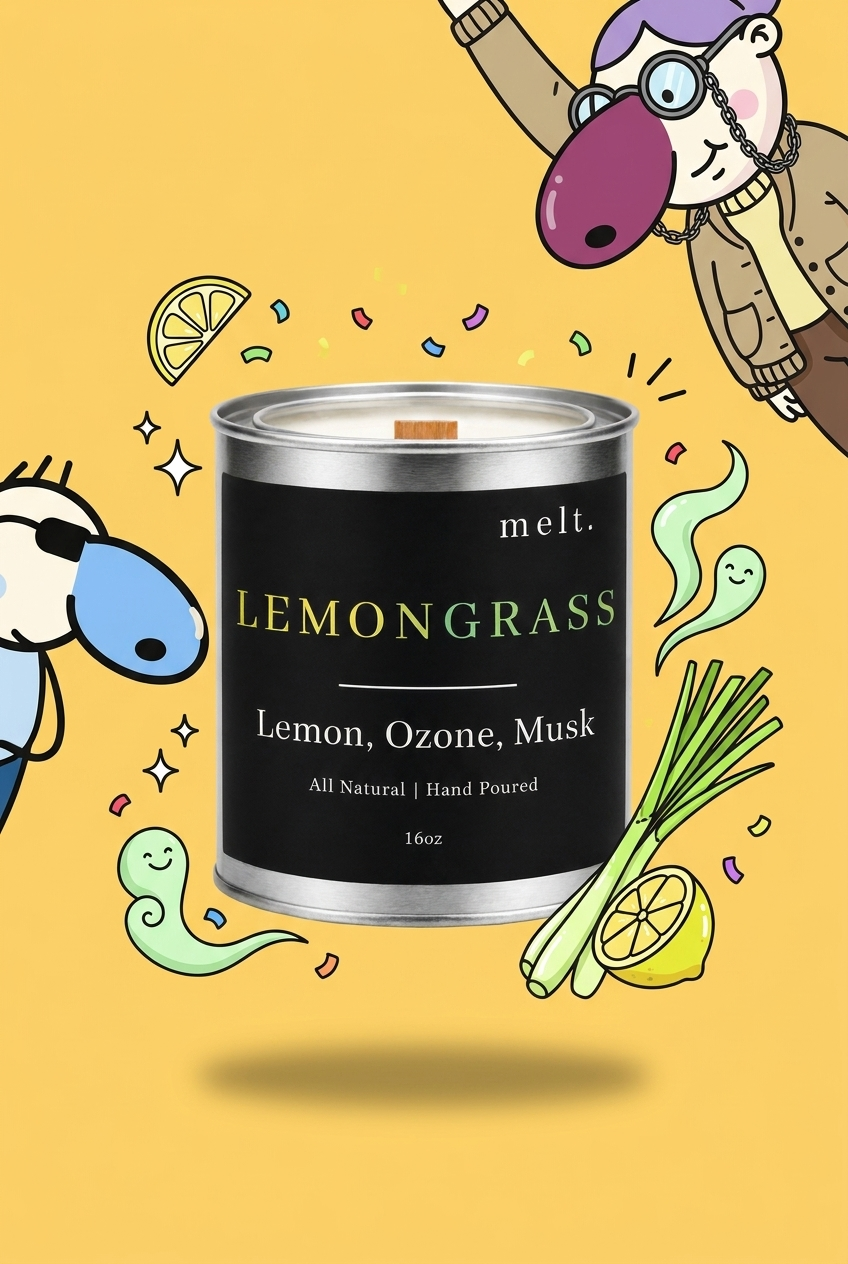 melt. lemongrass candle surrounded by cartoon melt. mascots and scent-note illustrations on a colorful background
