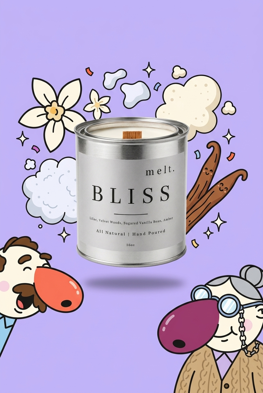 melt. bliss candle surrounded by cartoon melt. mascots and scent-note illustrations on a colorful background