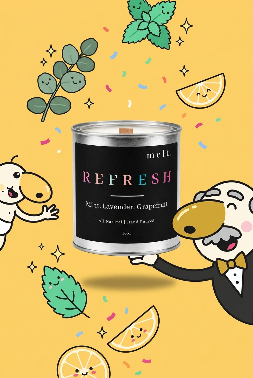 melt. refresh candle surrounded by cartoon melt. mascots and scent-note illustrations on a colorful background
