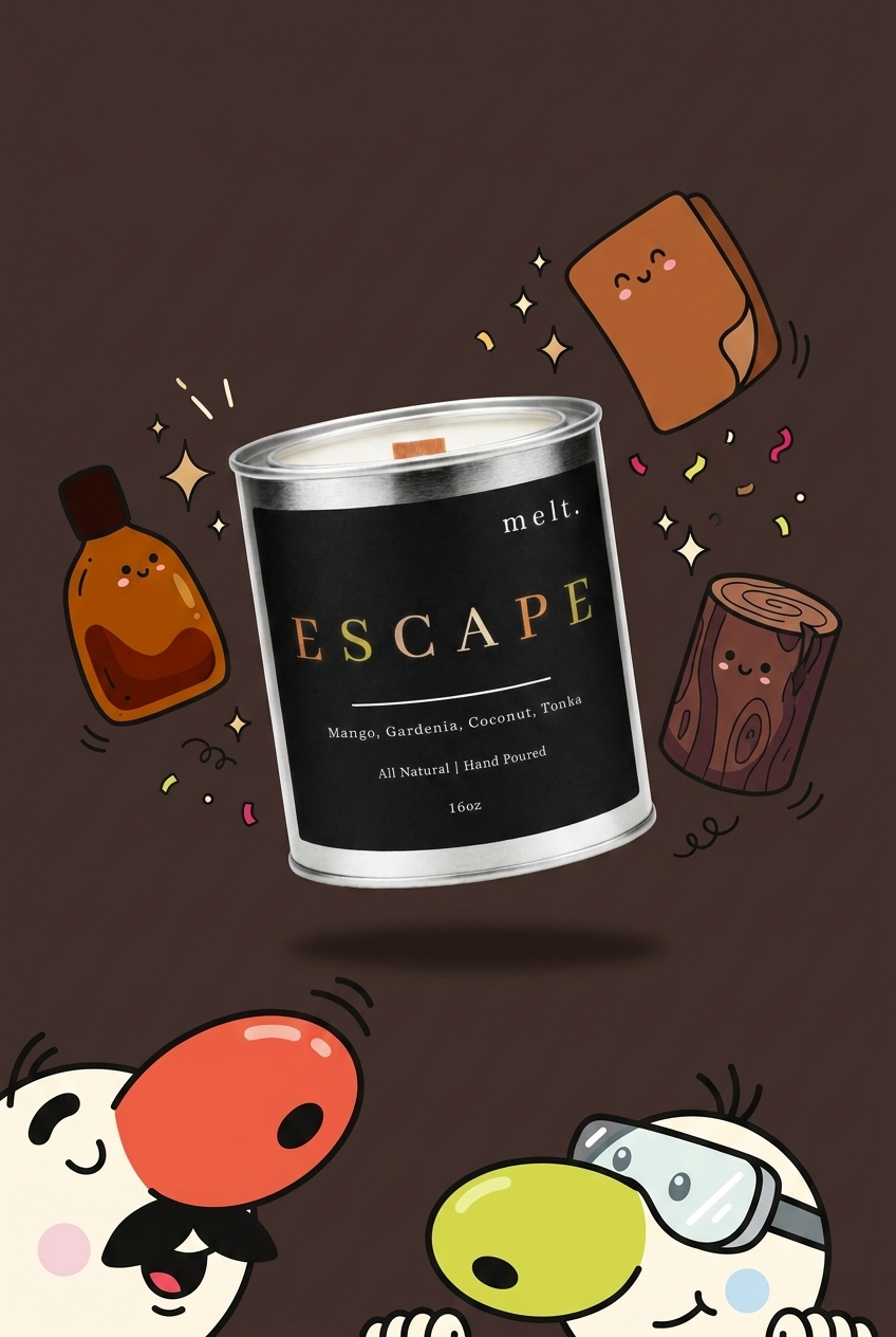 melt. escape candle surrounded by cartoon melt. mascots and scent-note illustrations on a colorful background