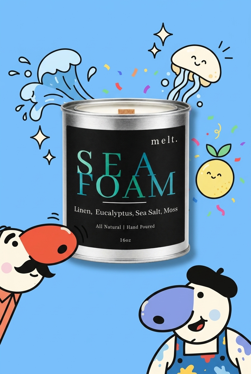 melt. seafoam candle surrounded by cartoon melt. mascots and scent-note illustrations on a colorful background