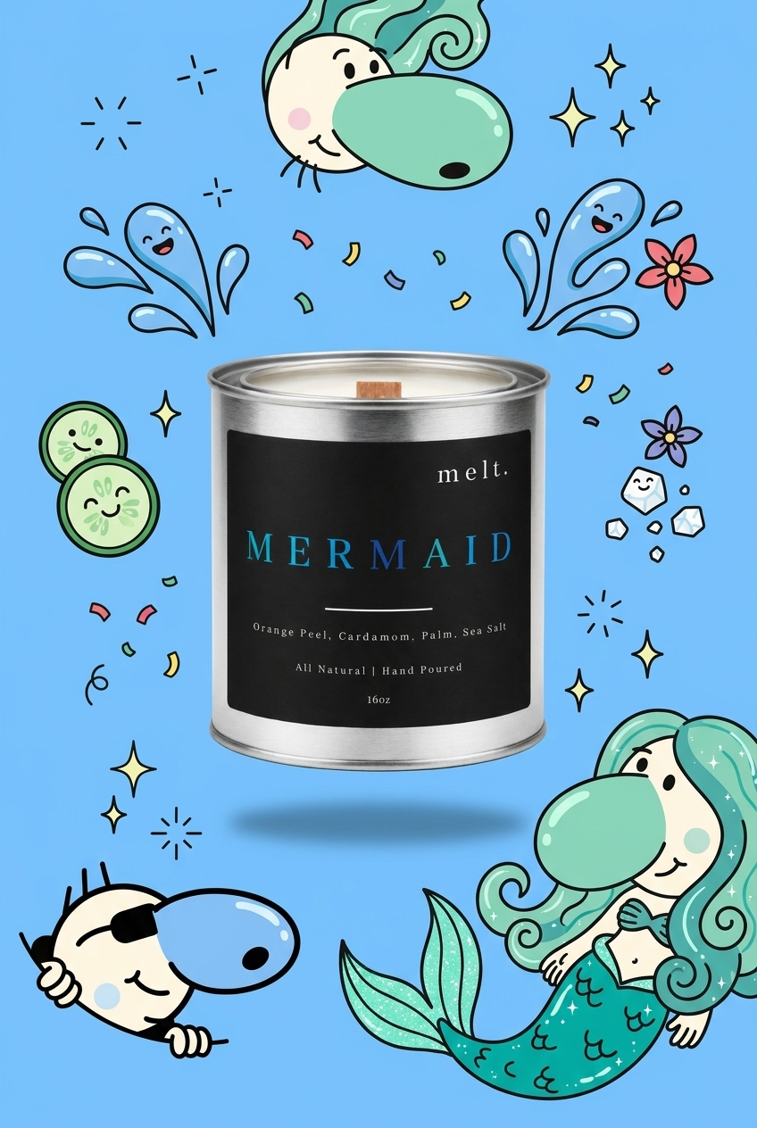 melt. mermaid candle surrounded by cartoon melt. mascots and scent-note illustrations on a colorful background