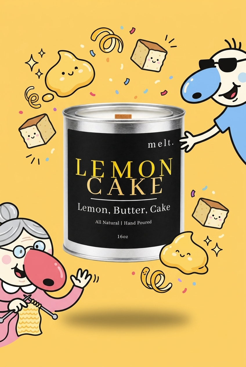 melt. lemon cake candle surrounded by cartoon melt. mascots and scent-note illustrations on a colorful background