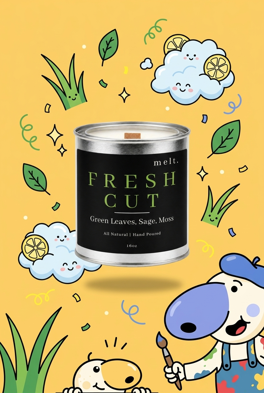 melt. fresh cut candle surrounded by cartoon melt. mascots and scent-note illustrations on a colorful background