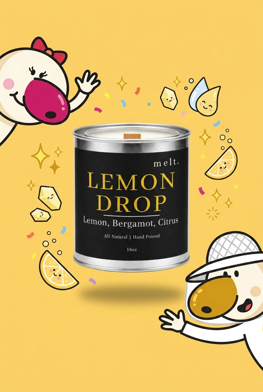 melt. lemon drop candle surrounded by cartoon melt. mascots and scent-note illustrations on a colorful background