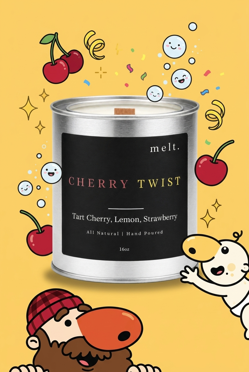 melt. cherry twist candle surrounded by cartoon melt. mascots and scent-note illustrations on a colorful background