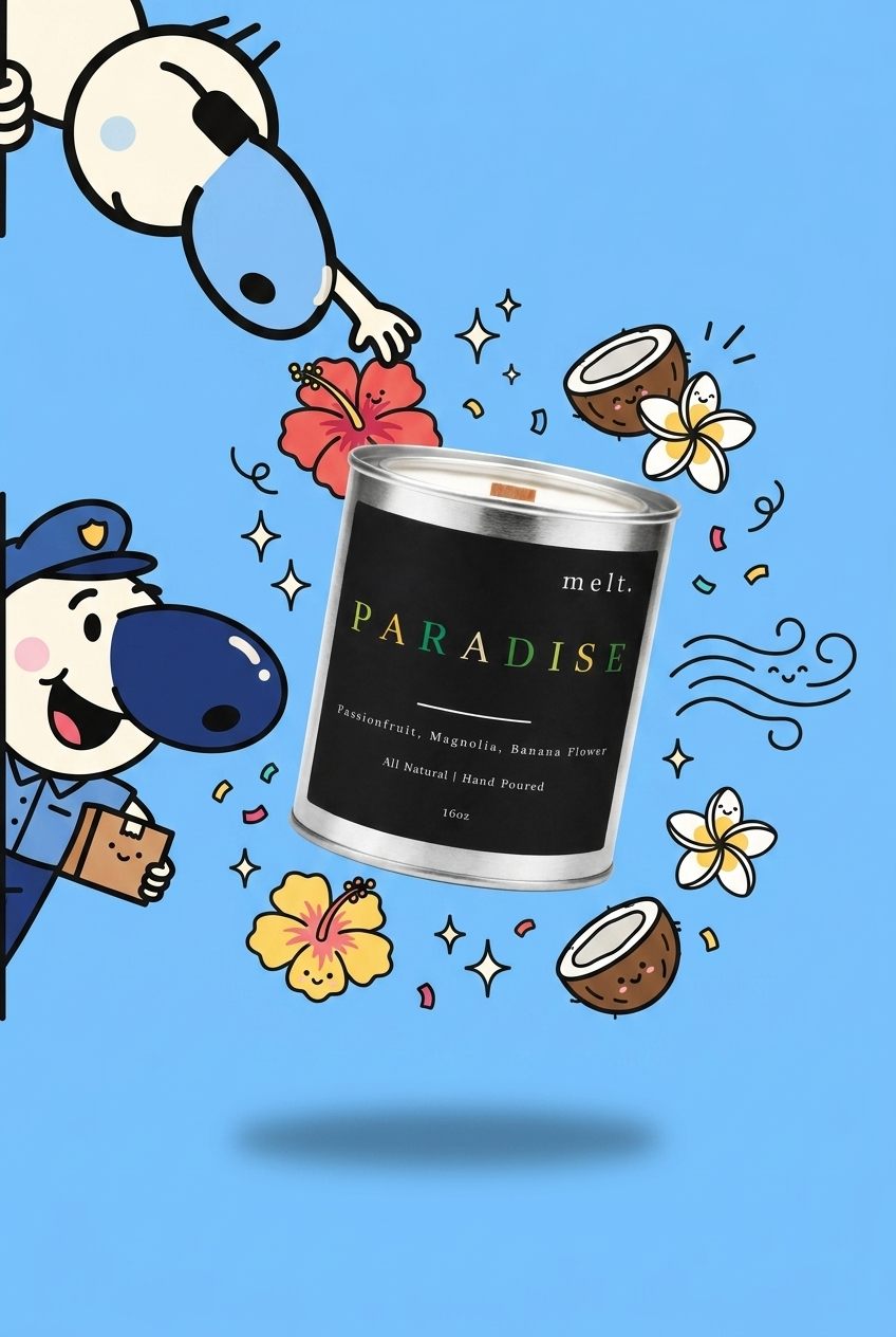 melt. paradise candle surrounded by cartoon melt. mascots and scent-note illustrations on a colorful background