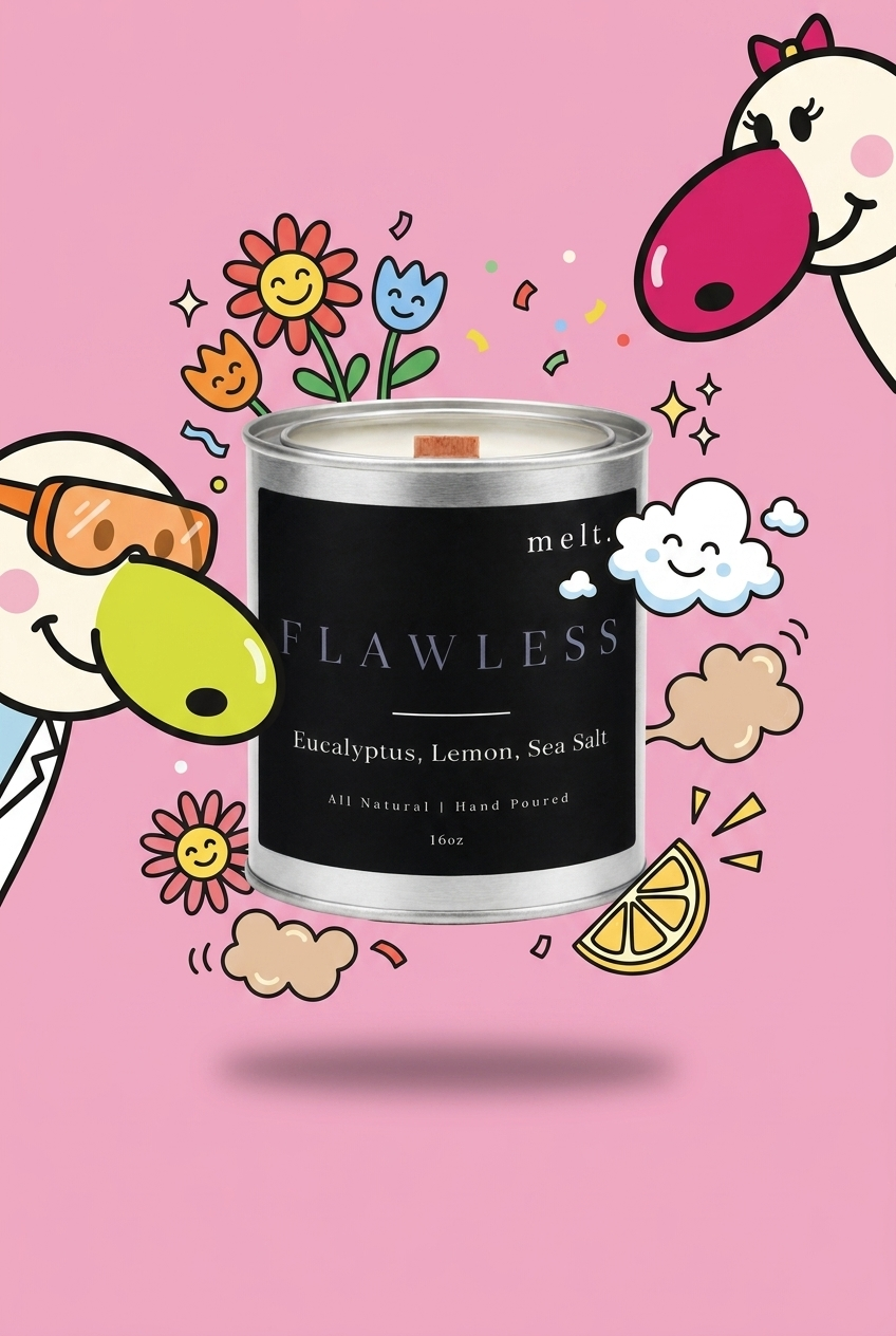 melt. free spirit candle surrounded by cartoon melt. mascots and scent-note illustrations on a colorful background