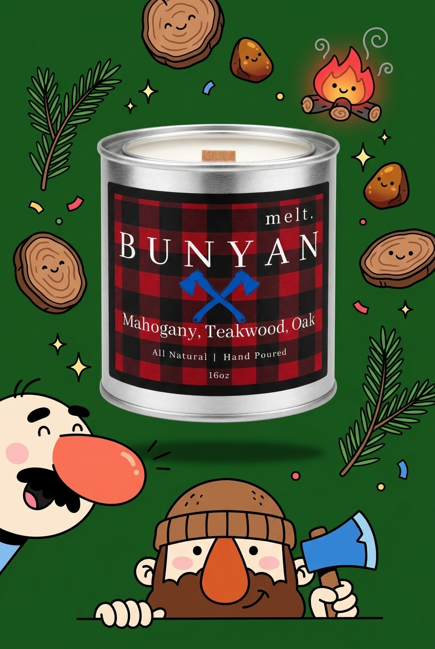 melt. bunyan candle surrounded by cartoon melt. mascots and scent-note illustrations on a colorful background