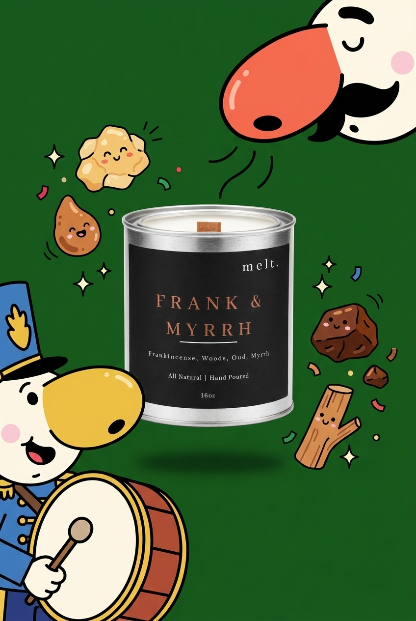 melt. frank & myrrh candle surrounded by cartoon melt. mascots and scent-note illustrations on a colorful background
