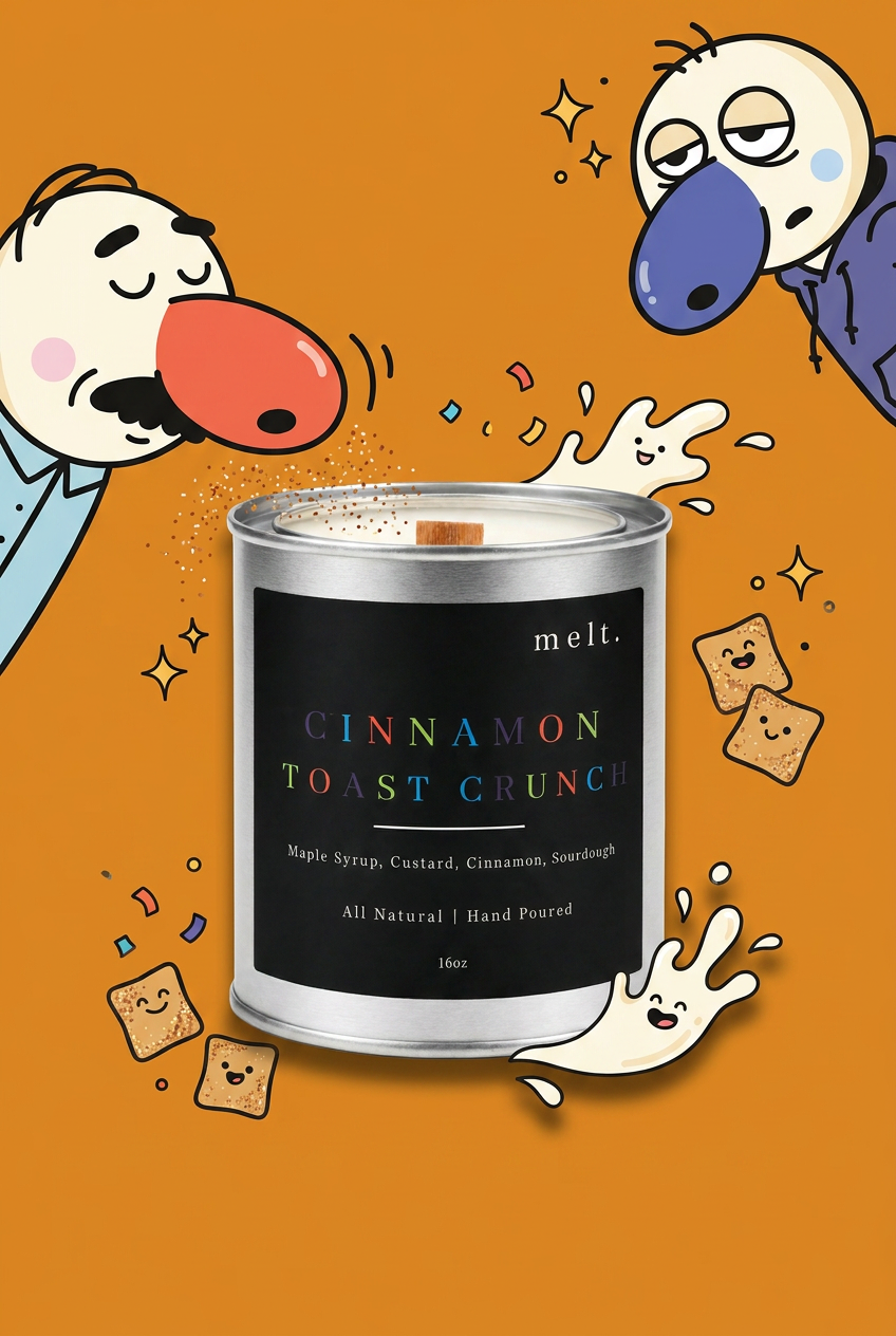 melt. cinnamon toast crunch candle surrounded by cartoon melt. mascots and scent-note illustrations on a colorful background