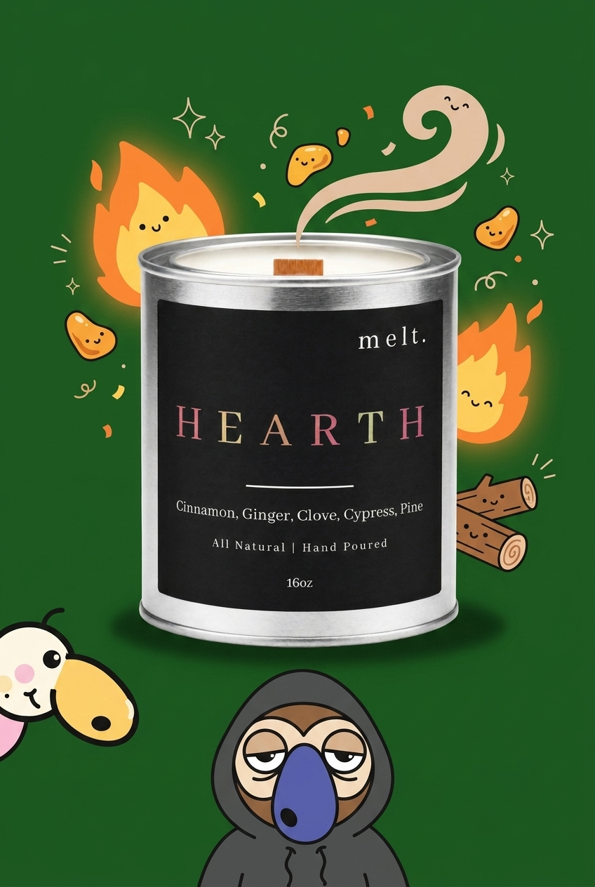 melt. hearth candle surrounded by cartoon melt. mascots and scent-note illustrations on a colorful background