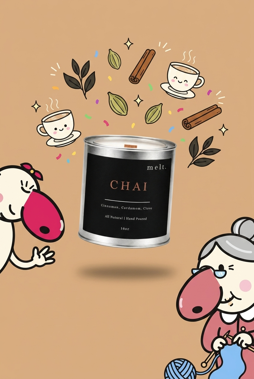 melt. chai candle surrounded by cartoon melt. mascots and scent-note illustrations on a colorful background