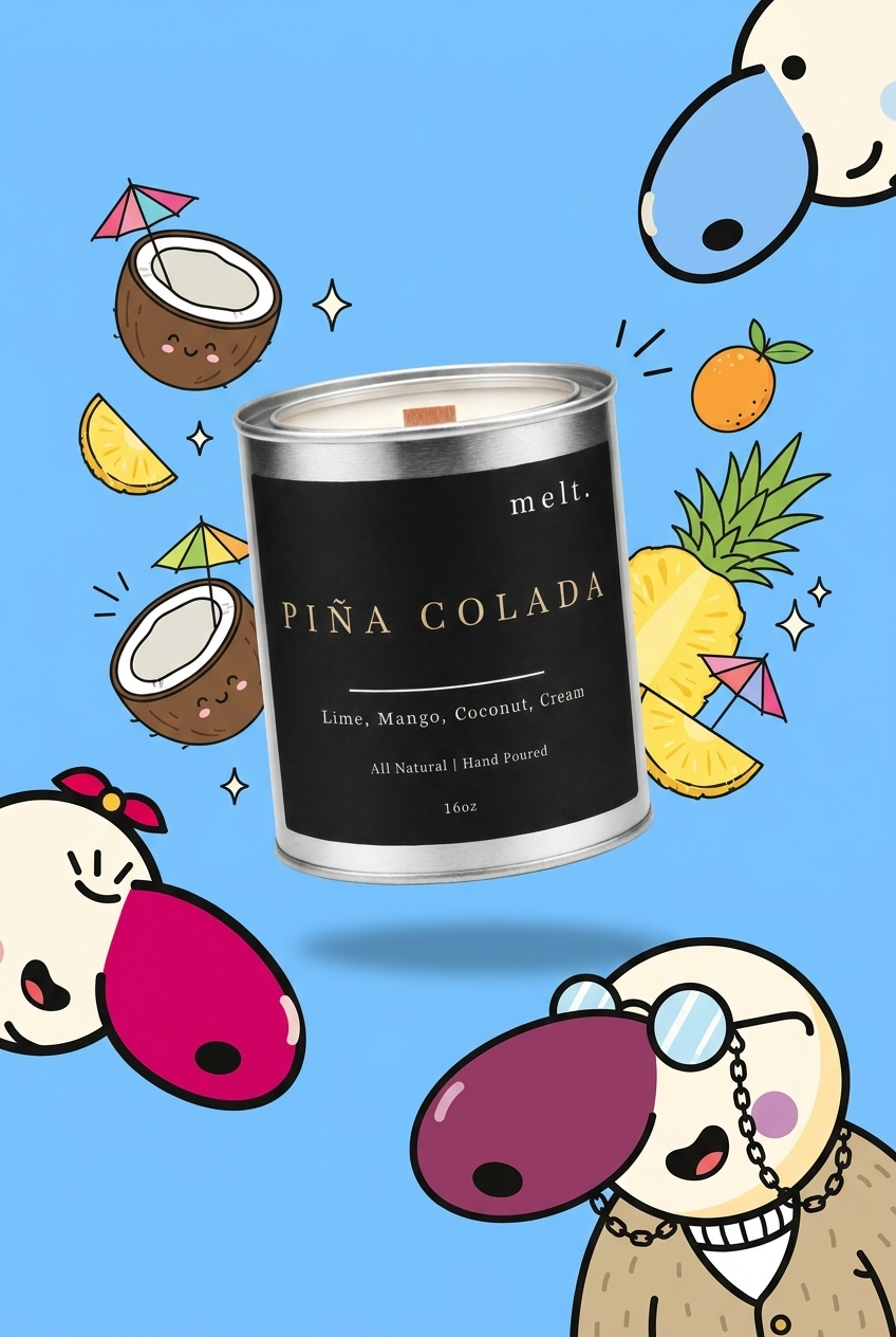 melt. pina colada candle surrounded by cartoon melt. mascots and scent-note illustrations on a colorful background