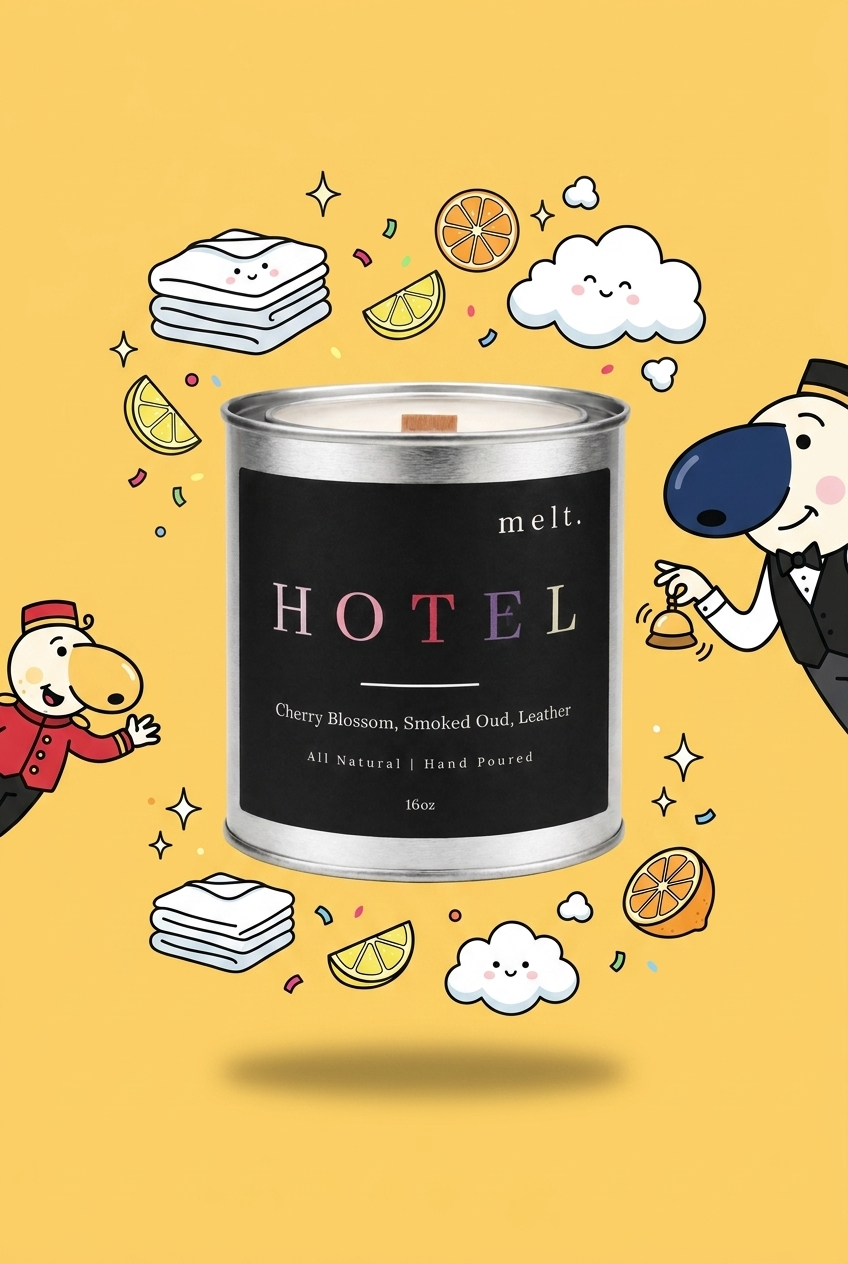 melt. hotel candle surrounded by cartoon melt. mascots and scent-note illustrations on a colorful background