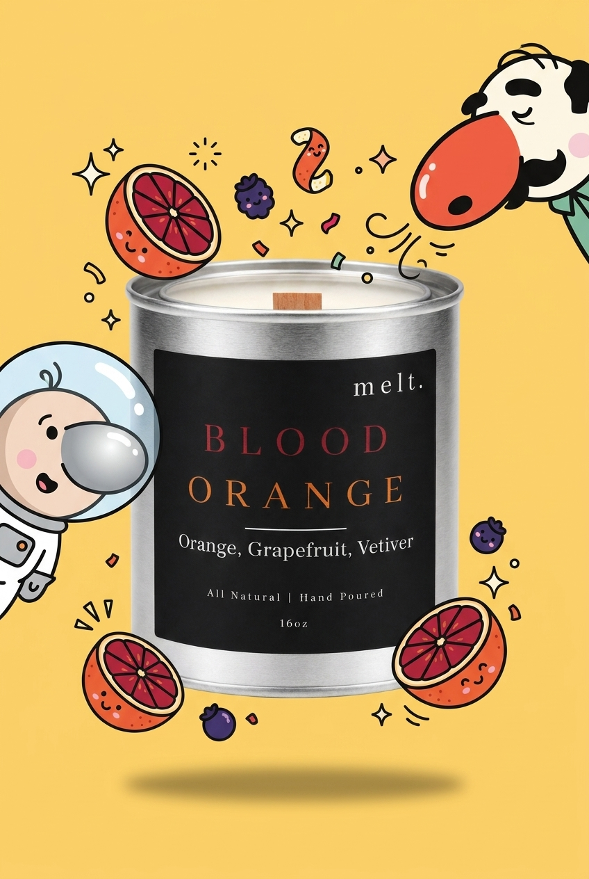 melt. blood orange candle surrounded by cartoon melt. mascots and scent-note illustrations on a colorful background