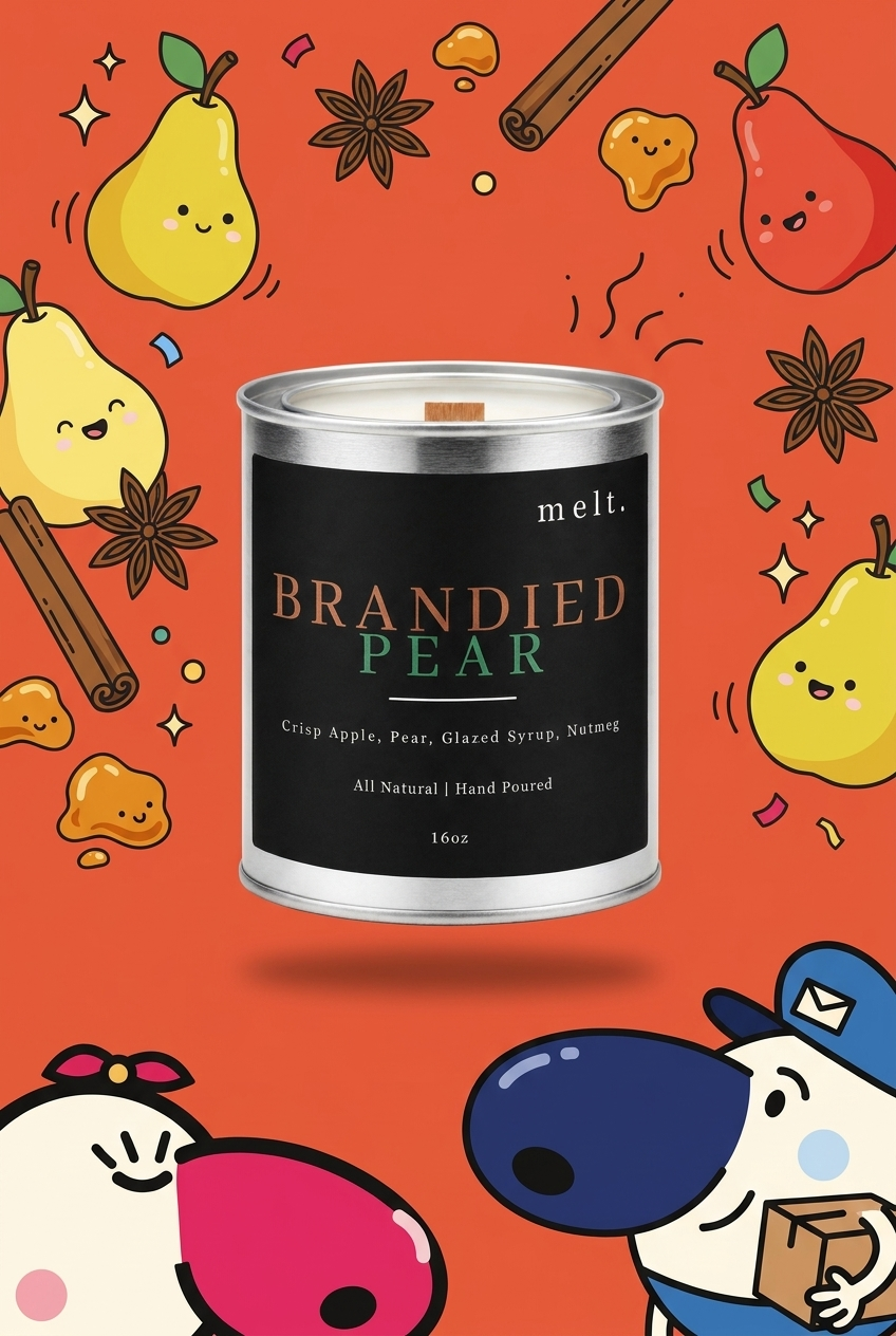 melt. brandied pear candle surrounded by cartoon melt. mascots and scent-note illustrations on a colorful background