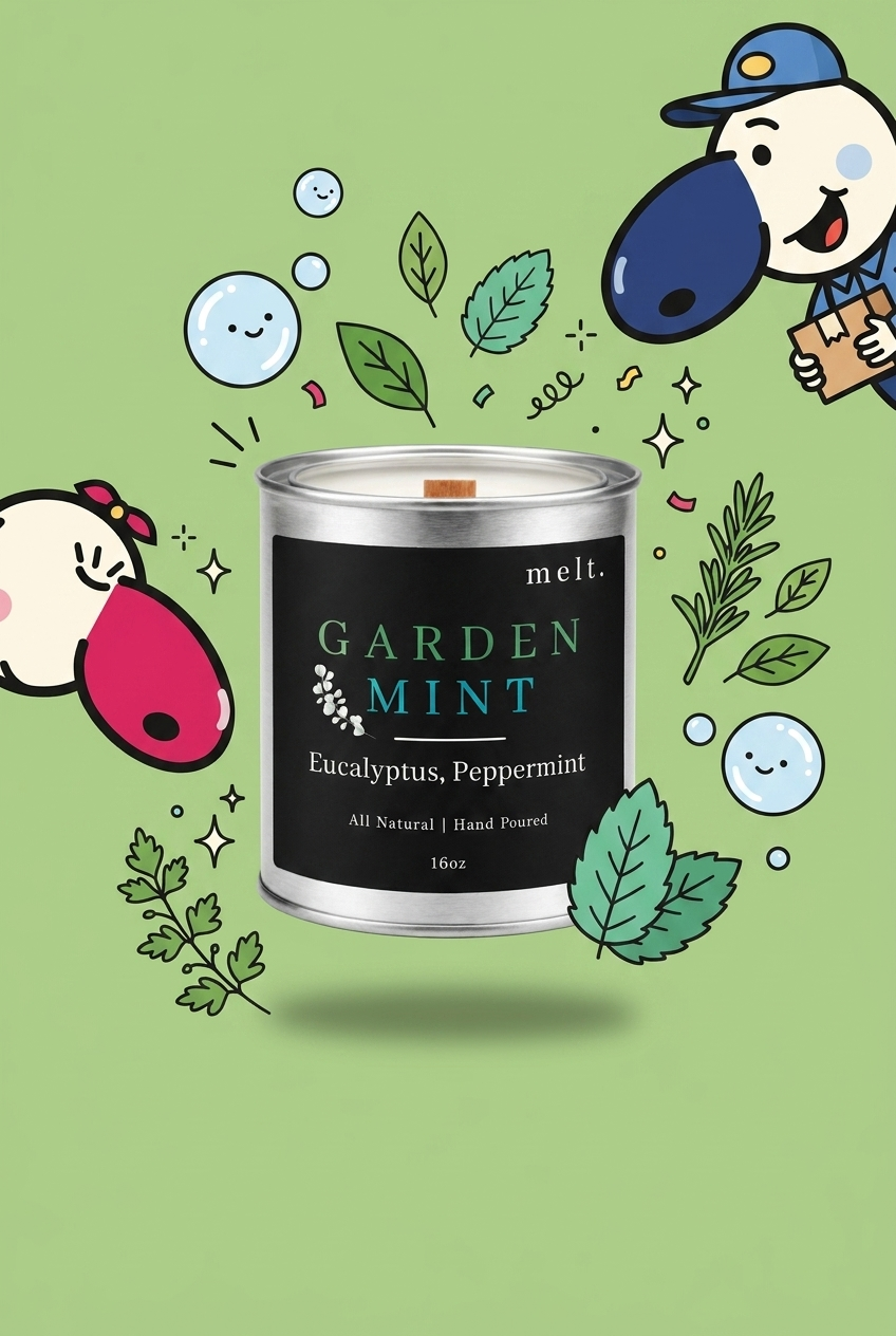 melt. garden mint candle surrounded by cartoon melt. mascots and scent-note illustrations on a colorful background