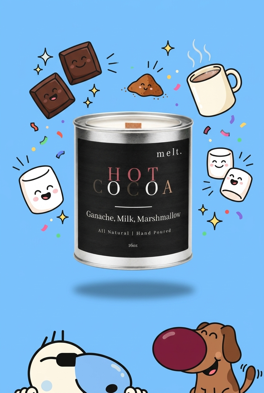 melt. hot cocoa candle surrounded by cartoon melt. mascots and scent-note illustrations on a colorful background