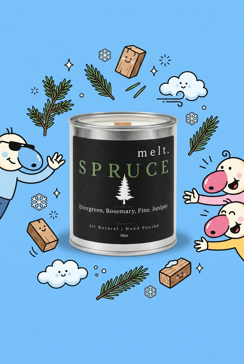 melt. spruce candle surrounded by cartoon melt. mascots and scent-note illustrations on a colorful background