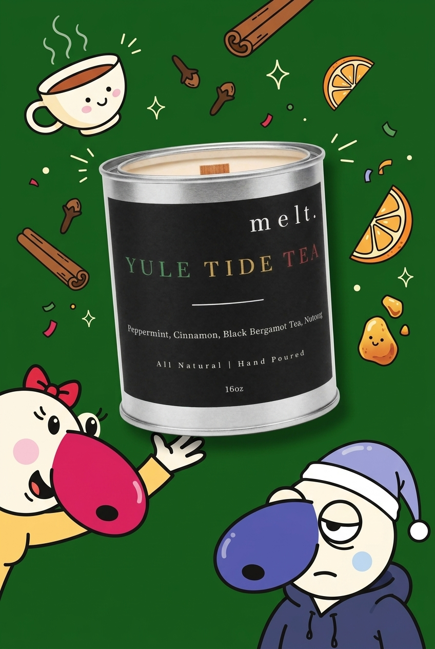 melt. yule tide tea candle surrounded by cartoon melt. mascots and scent-note illustrations on a colorful background