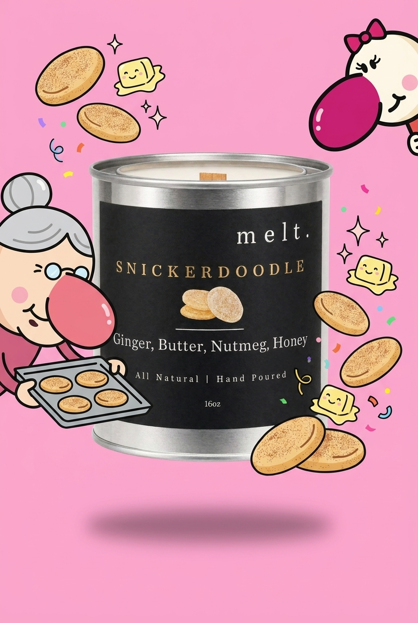 melt. snickerdoodle candle surrounded by cartoon melt. mascots and scent-note illustrations on a colorful background