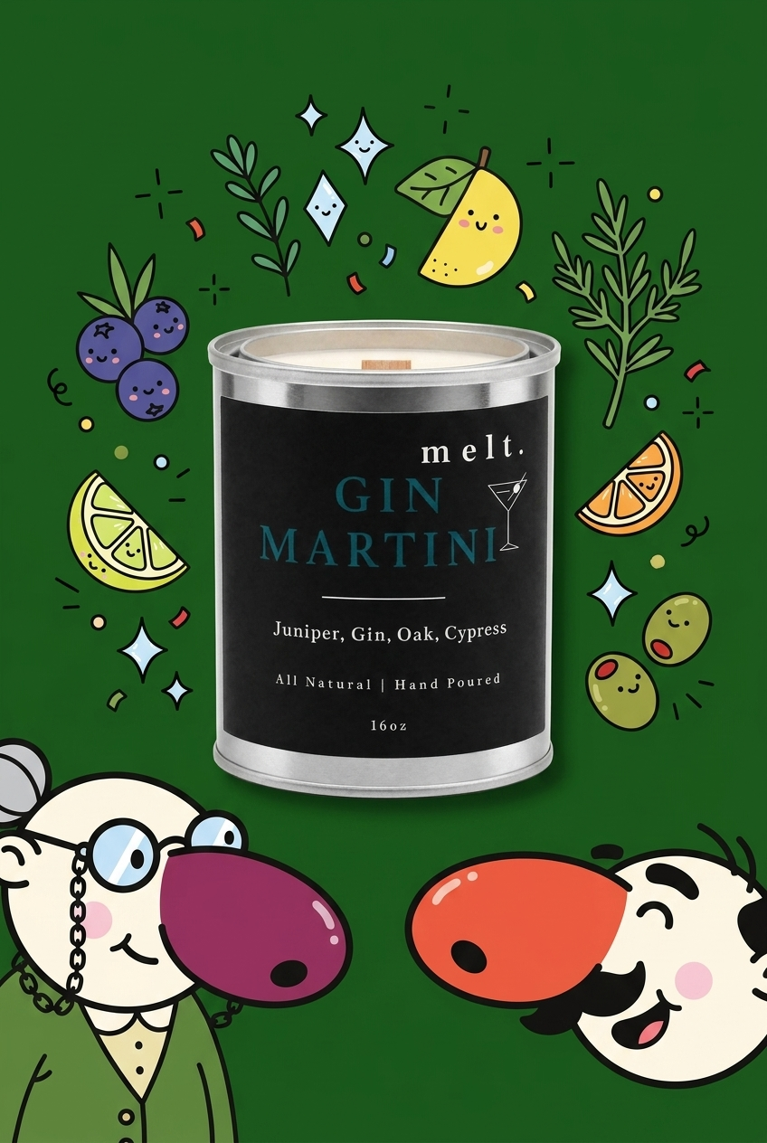 melt. gin martini candle surrounded by cartoon melt. mascots and scent-note illustrations on a colorful background