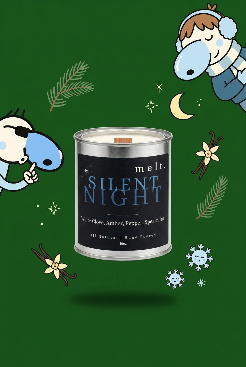melt. silent night candle surrounded by cartoon melt. mascots and scent-note illustrations on a colorful background