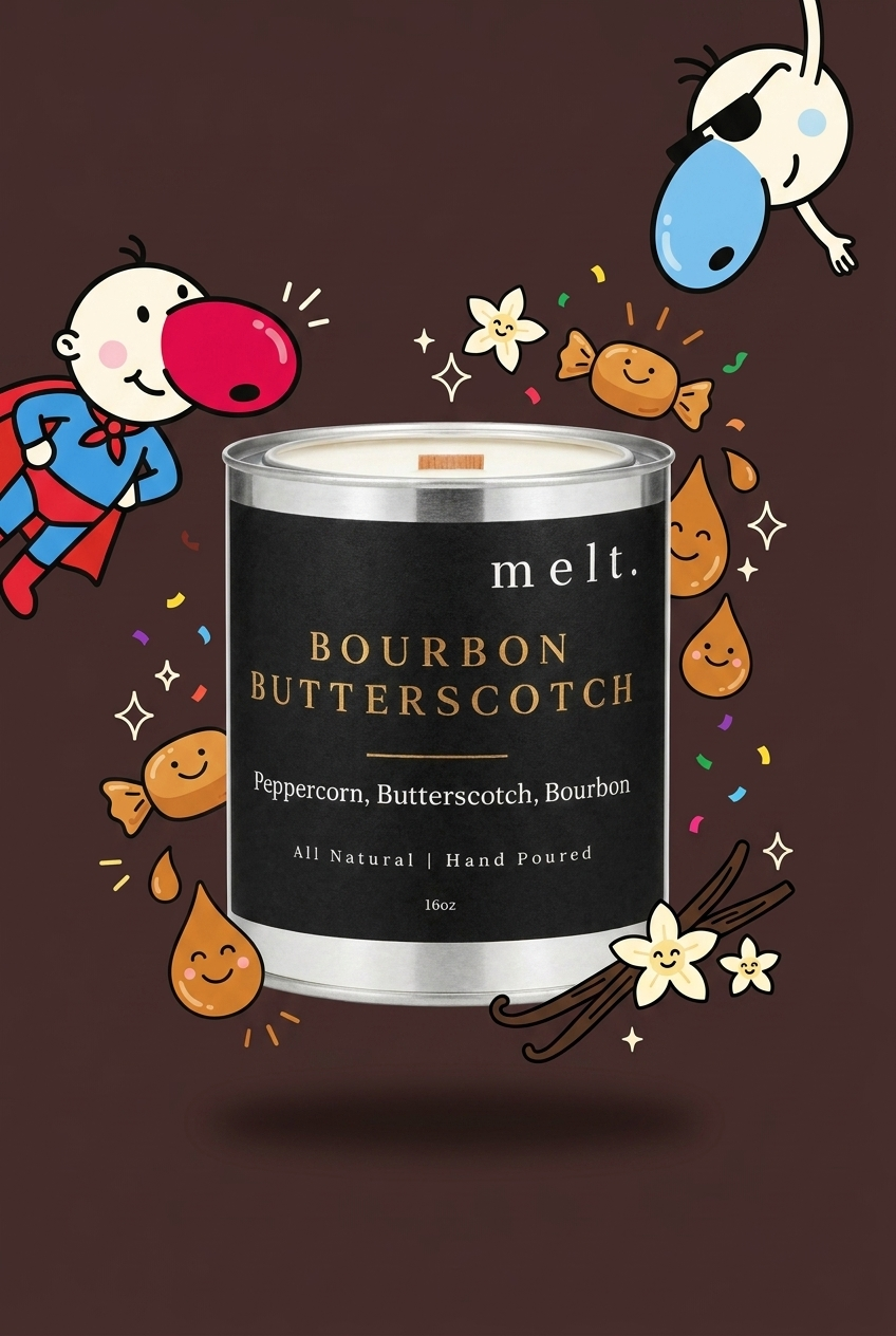melt. bourbon butterscotch candle surrounded by cartoon melt. mascots and scent-note illustrations on a colorful background