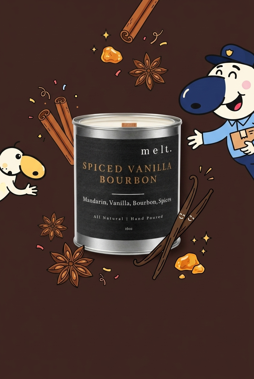 melt. spiced vanilla bourbon candle surrounded by cartoon melt. mascots and scent-note illustrations on a colorful background