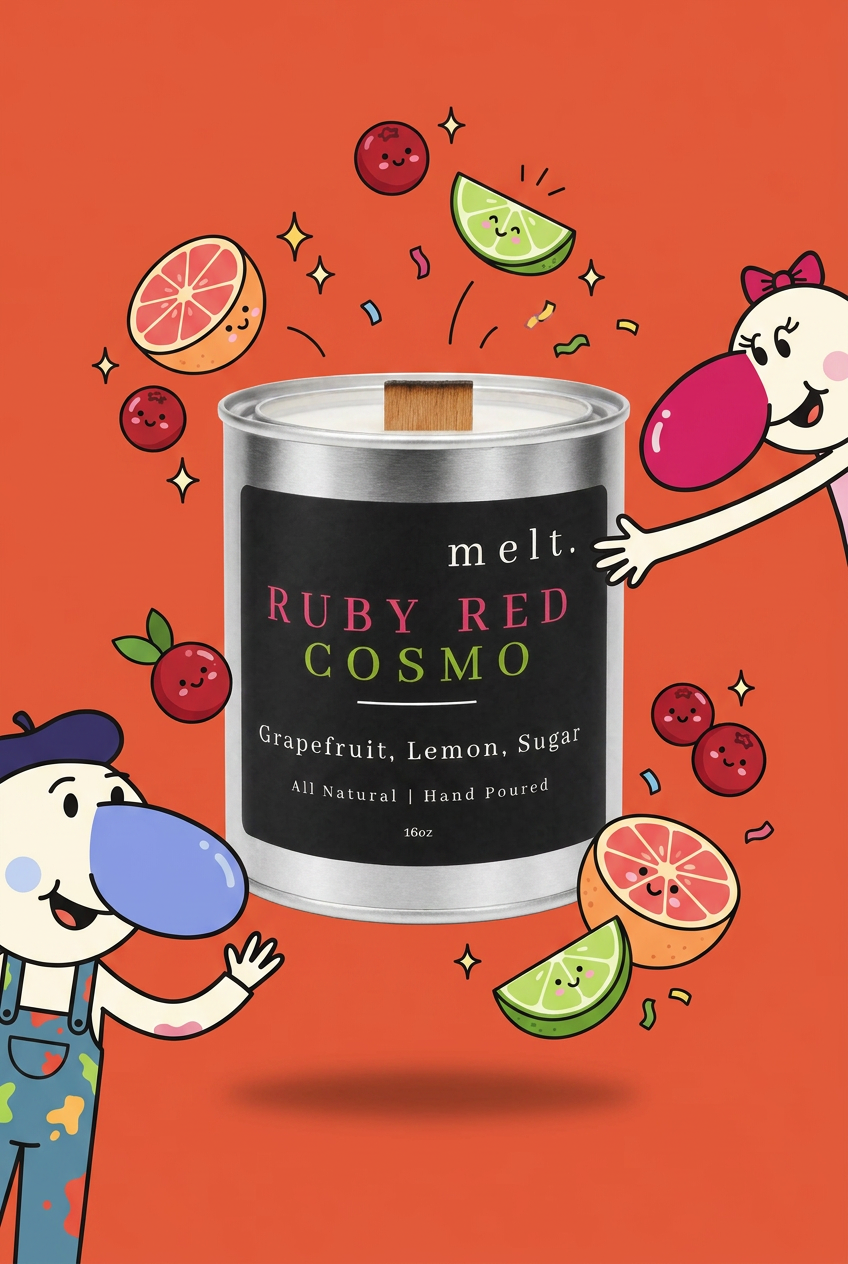 melt. ruby red cosmo candle surrounded by cartoon melt. mascots and scent-note illustrations on a colorful background
