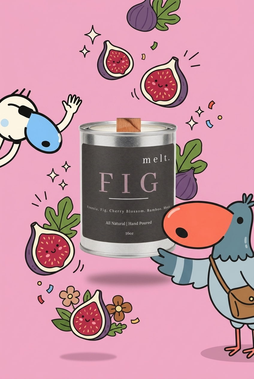 melt. fig candle surrounded by cartoon melt. mascots and scent-note illustrations on a colorful background