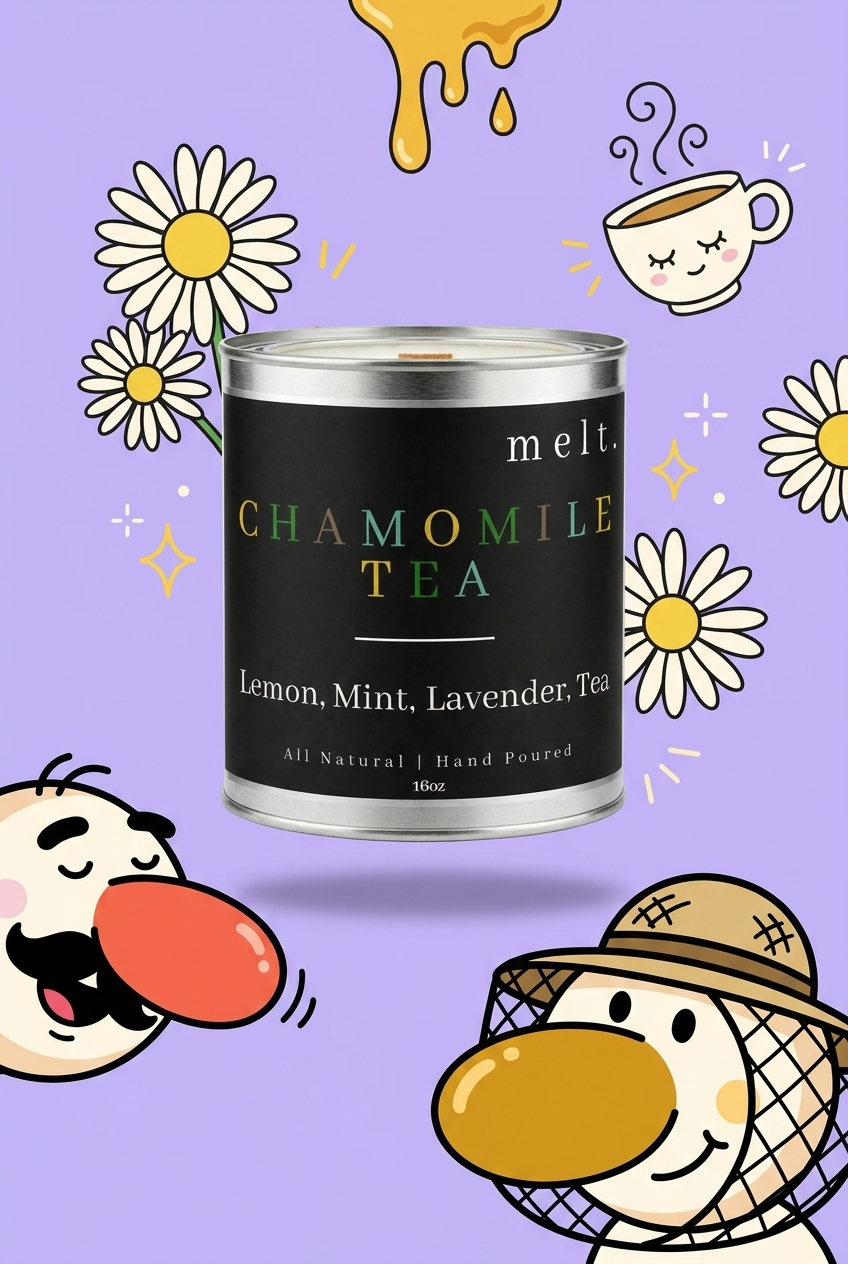 melt. chamomile tea candle surrounded by cartoon melt. mascots and scent-note illustrations on a colorful background