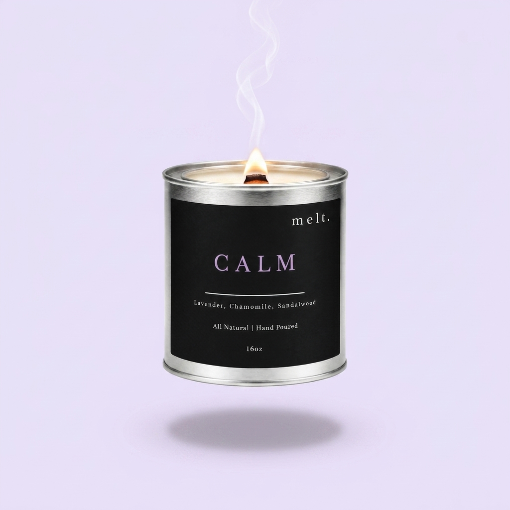 melt. calm candle floating with lit wooden wick and a wisp of smoke on a pastel sky blue background
