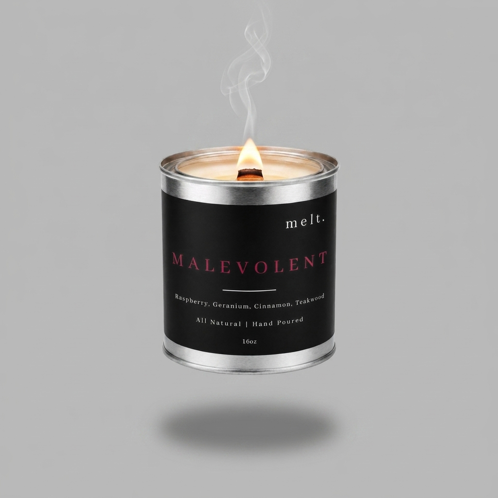 melt. malevolent candle floating with lit wooden wick and a wisp of smoke on a pale warm gray background