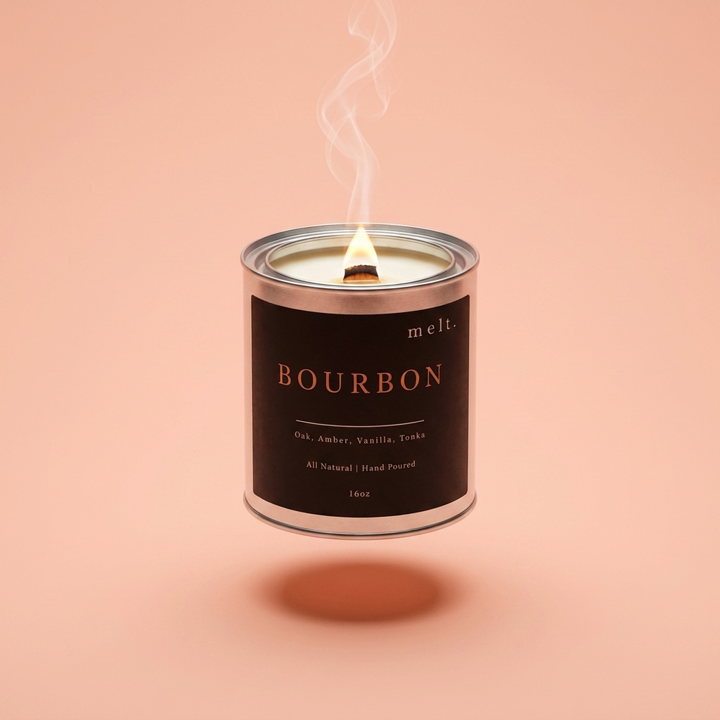 melt. bourbon candle floating with lit wooden wick and a wisp of smoke on a pale peach coral background