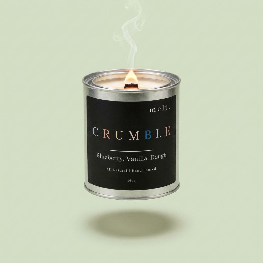melt. crumble candle floating with lit wooden wick and a wisp of smoke on a pale sage green background