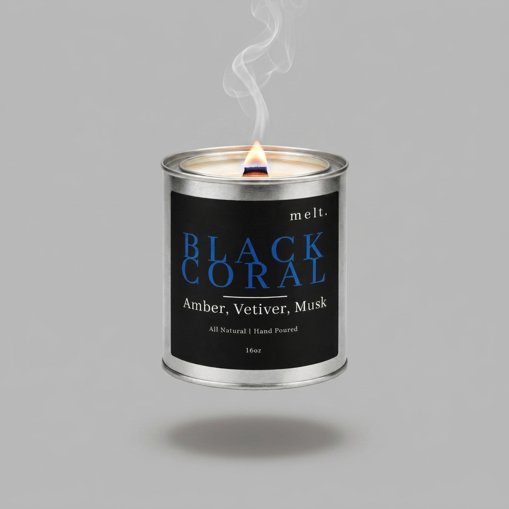 melt. black coral candle floating with lit wooden wick and a wisp of smoke on a pale warm gray background