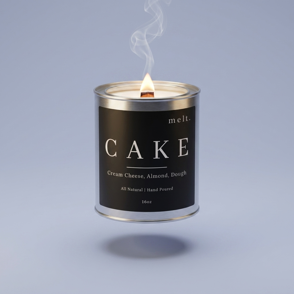 melt. cake candle floating with lit wooden wick and a wisp of smoke on a pale periwinkle blue-gray background