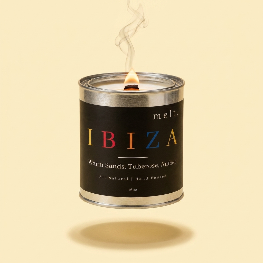 melt. ibiza candle floating with lit wooden wick and a wisp of smoke on a pale butter yellow background