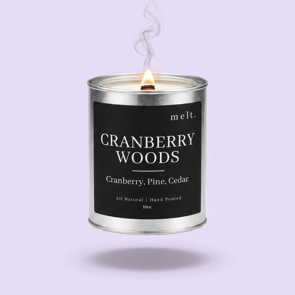 melt. cranberry woods candle floating with lit wooden wick and a wisp of smoke on a pale lavender background